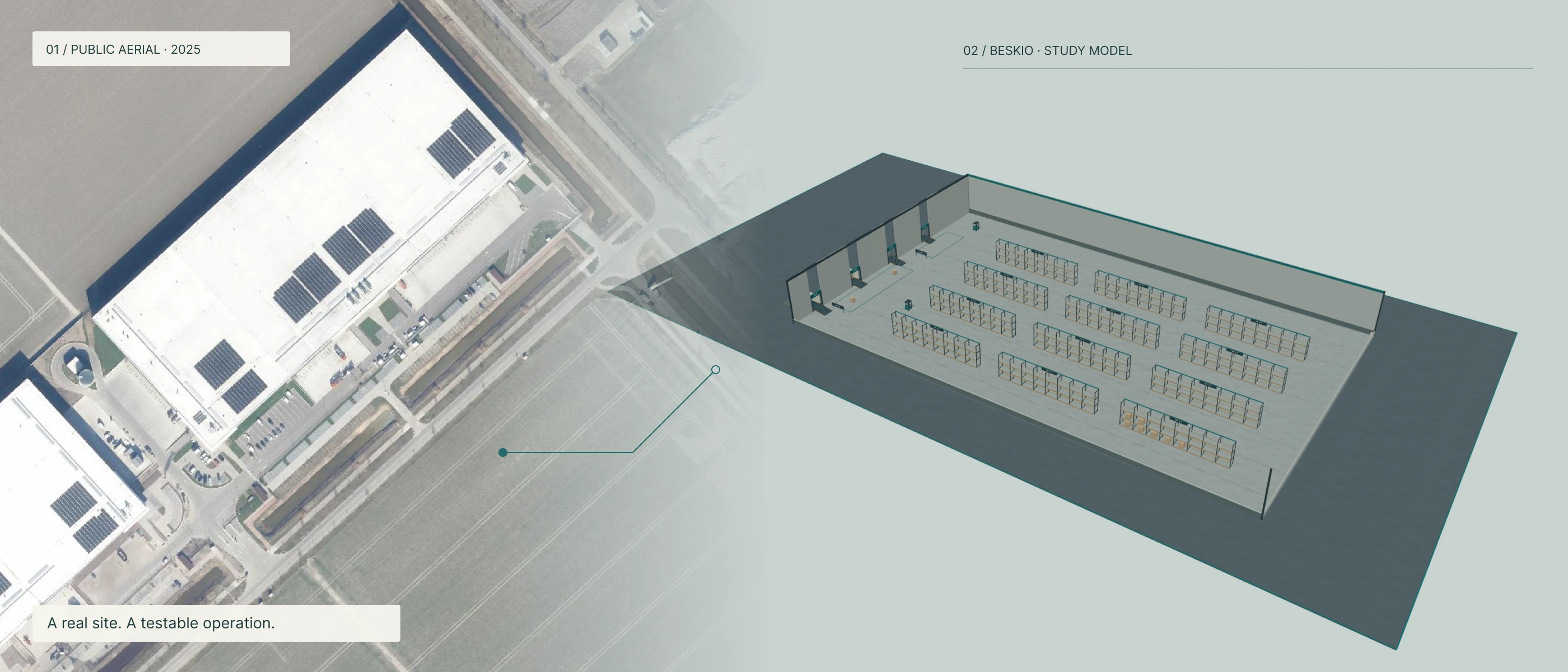 Public aerial imagery blending into the Beskio warehouse simulation platform