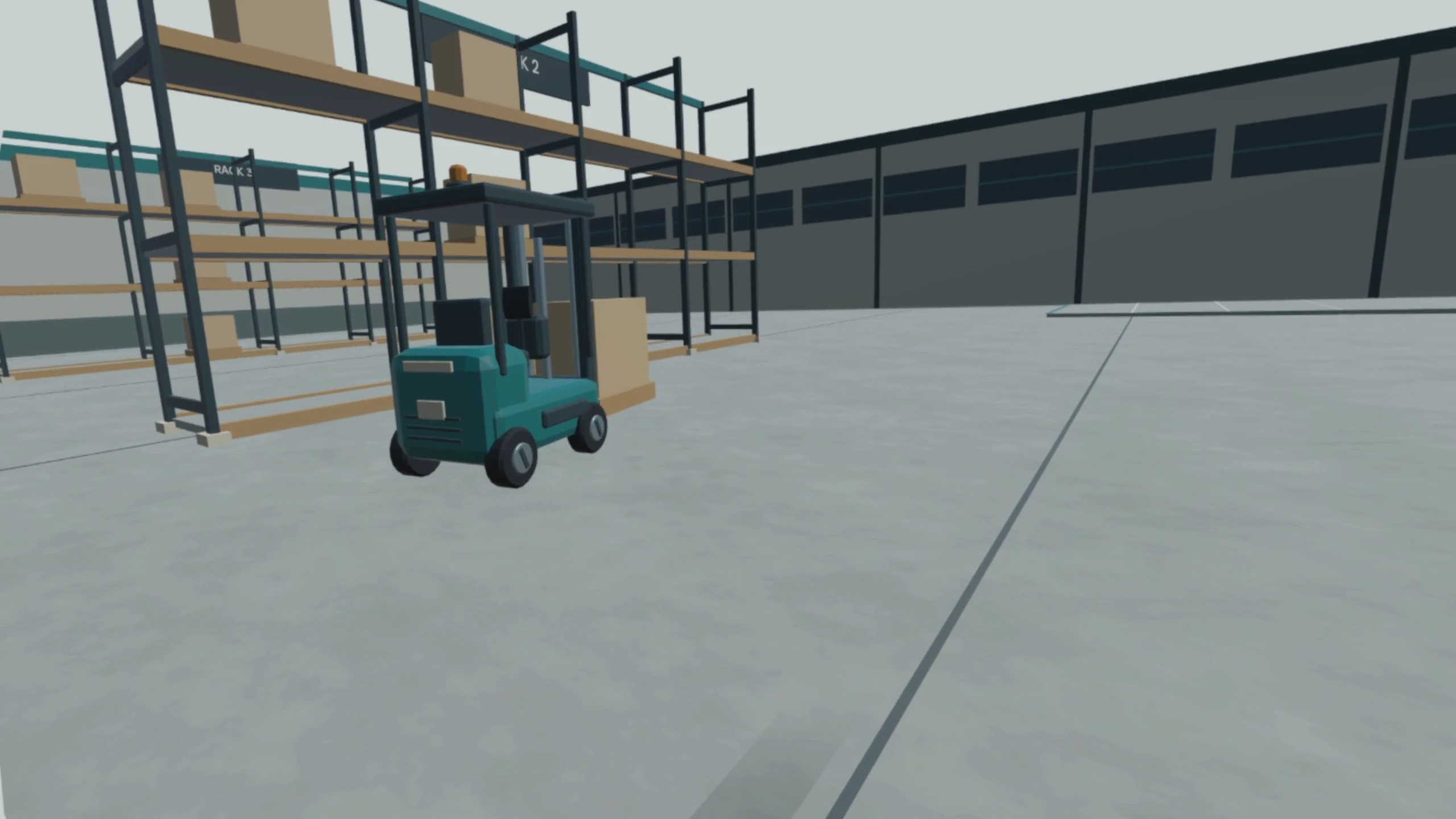 A forklift beside warehouse racks, seen in a recorded Beskio PC VR session