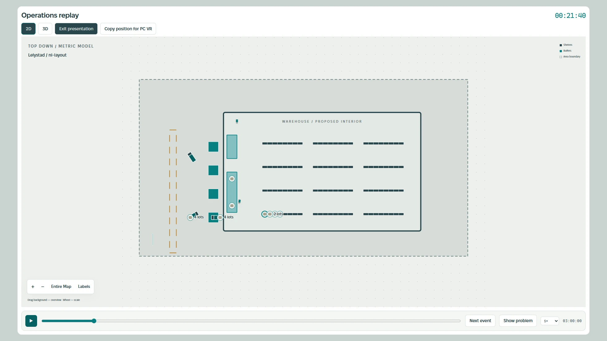 Beskio 2D warehouse view showing racks, receiving areas and vehicle positions