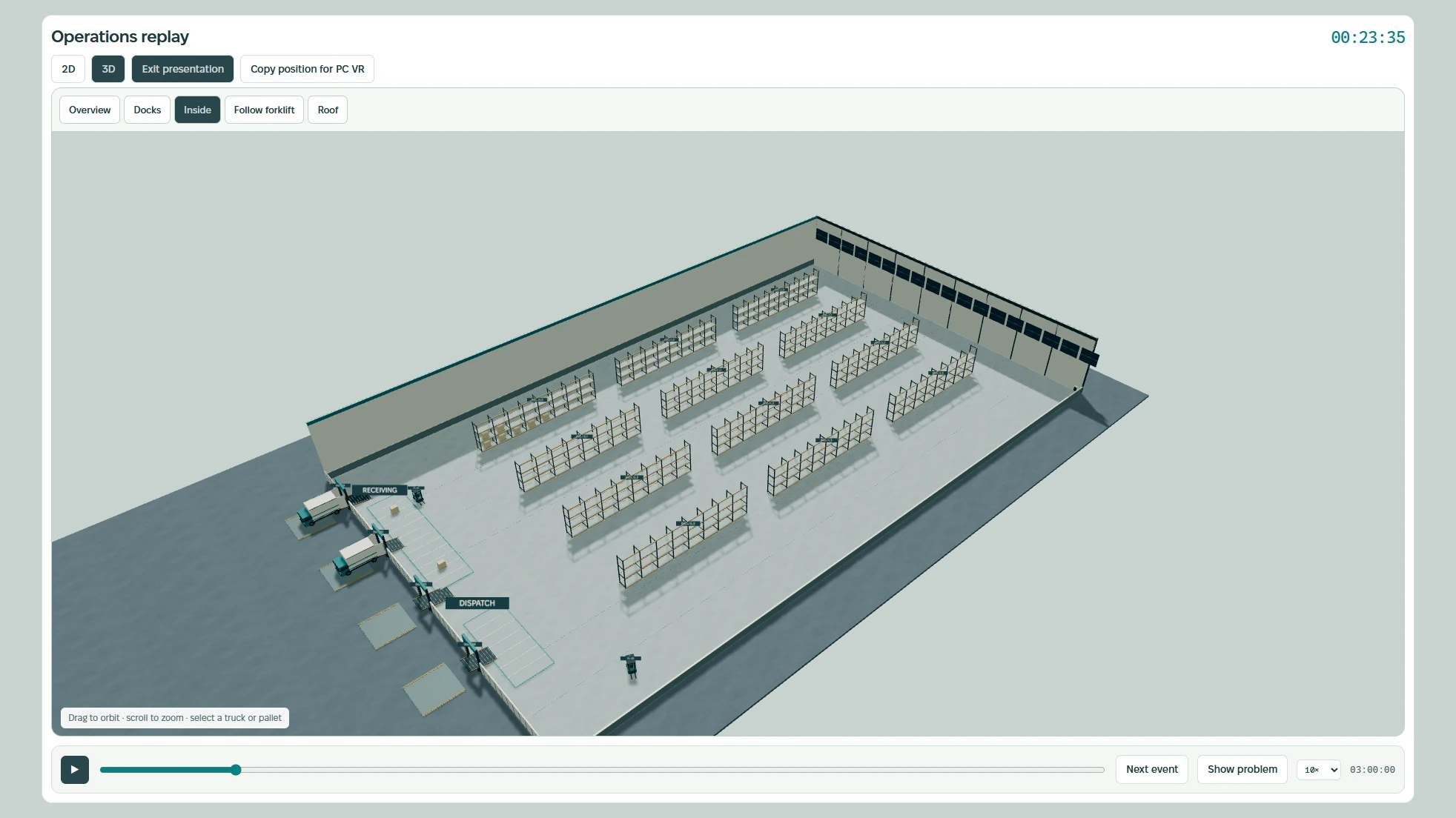 Beskio browser replay with warehouse racks, trucks at the docks and a playback timeline