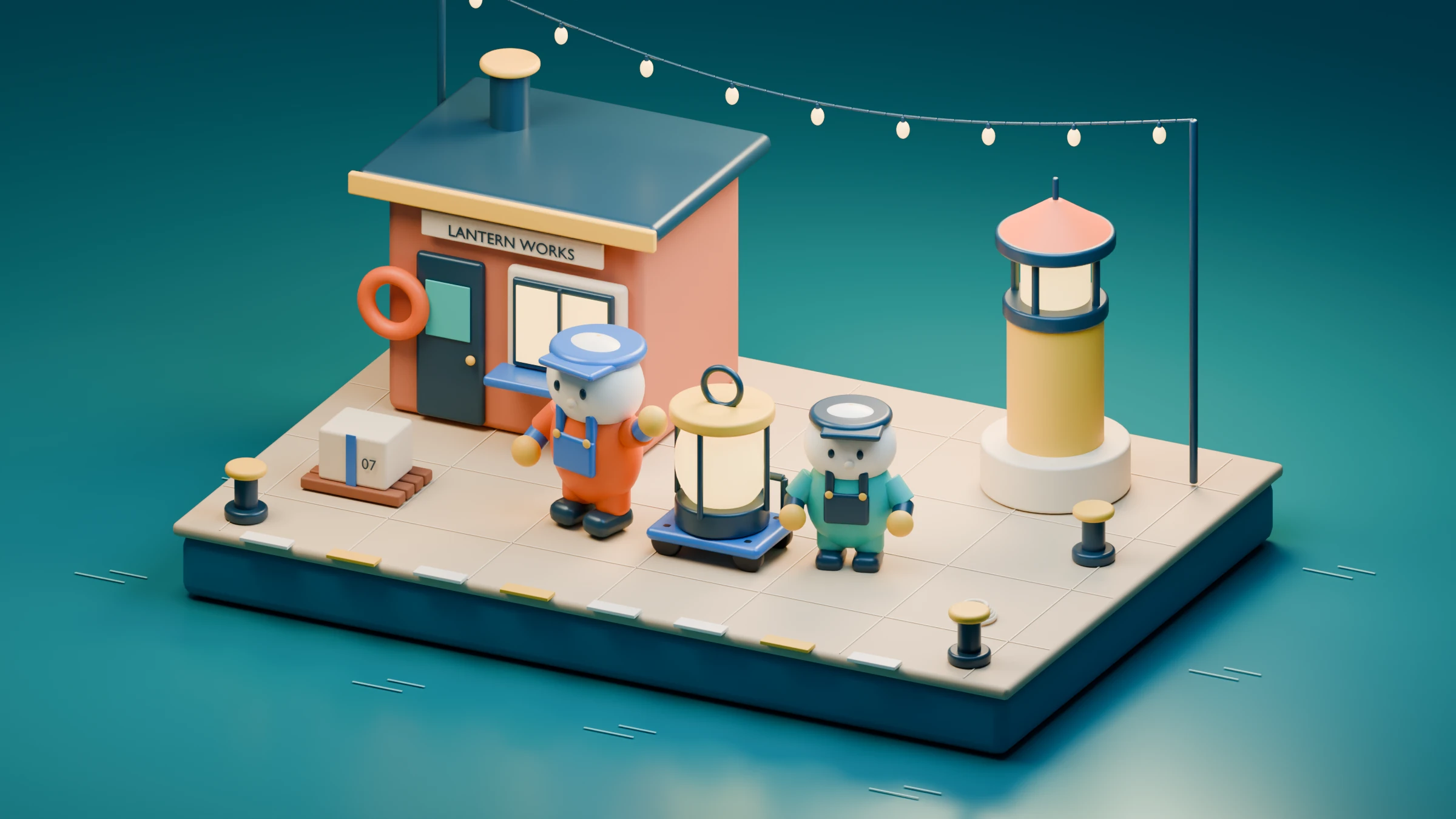 Original 3D concept: two small harbor workers delivering an oversized lantern beside a waterfront workshop