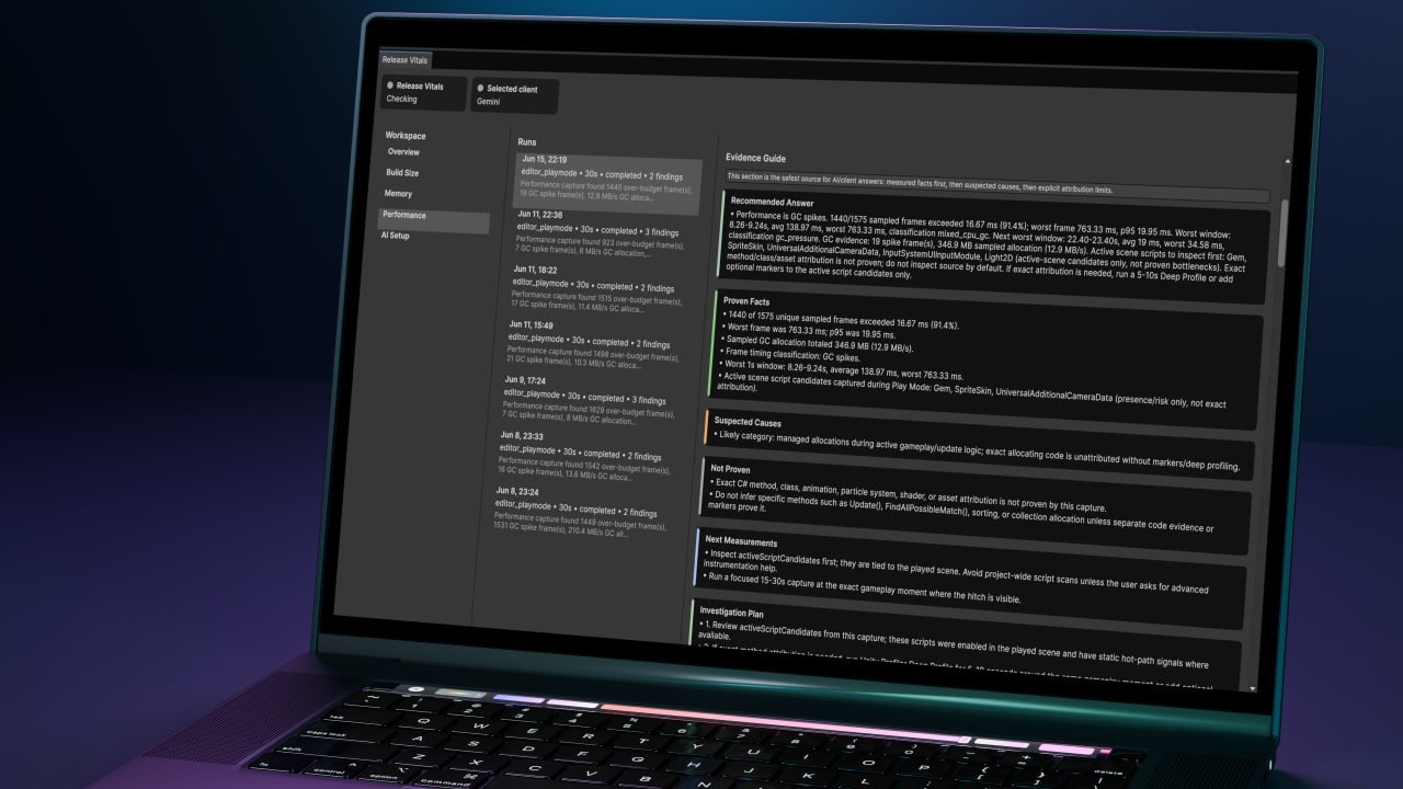 Release Vitals showing a performance capture, measured facts, suspected causes and next measurements in Unity